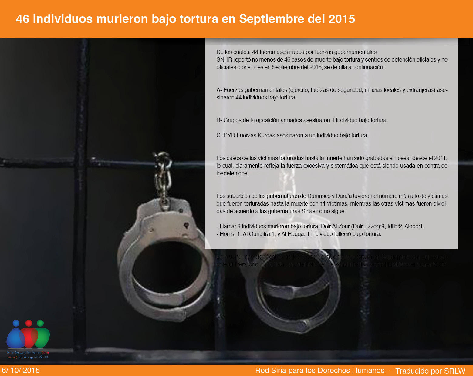 46 individuos murieron bajo tortura en Septiembre del 2015