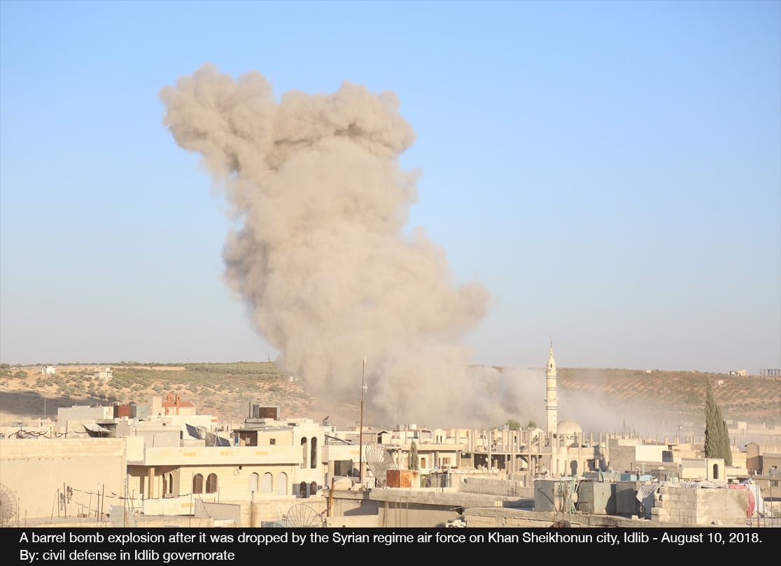 No less than 67 Barrel Bombs Dropped by the Syrian Regime in August 2018