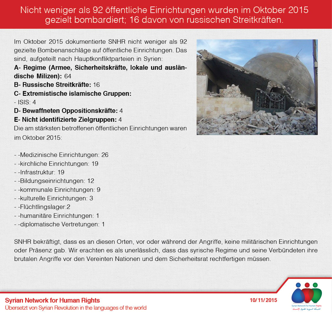 Nicht weniger als 92 öffentliche Einrichtungen wurden im Oktober 2015  gezielt bombardiert_ 16 davon von russischen Streitkräften.