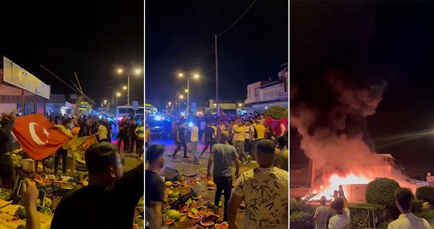 Screenshots from videos documenting attacks on Syrian refugees' properties in several Turkish provinces after unprecedented violence started in Kayseri city. Source: Turkish media outlets.